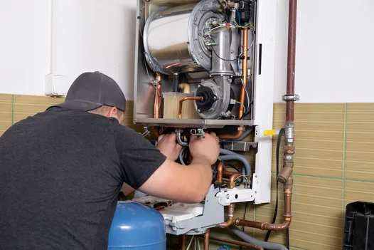 Obsidian technician performing annual maintenance on a wall-mounted gas boiler