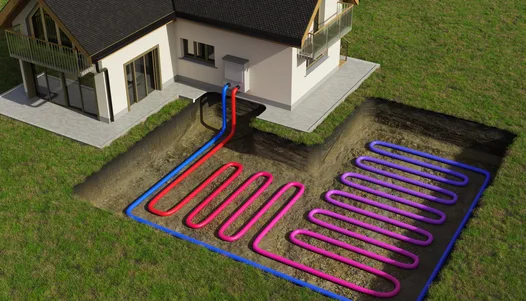 3D illustration of a horizontal ground-source geothermal heat pump loop installation