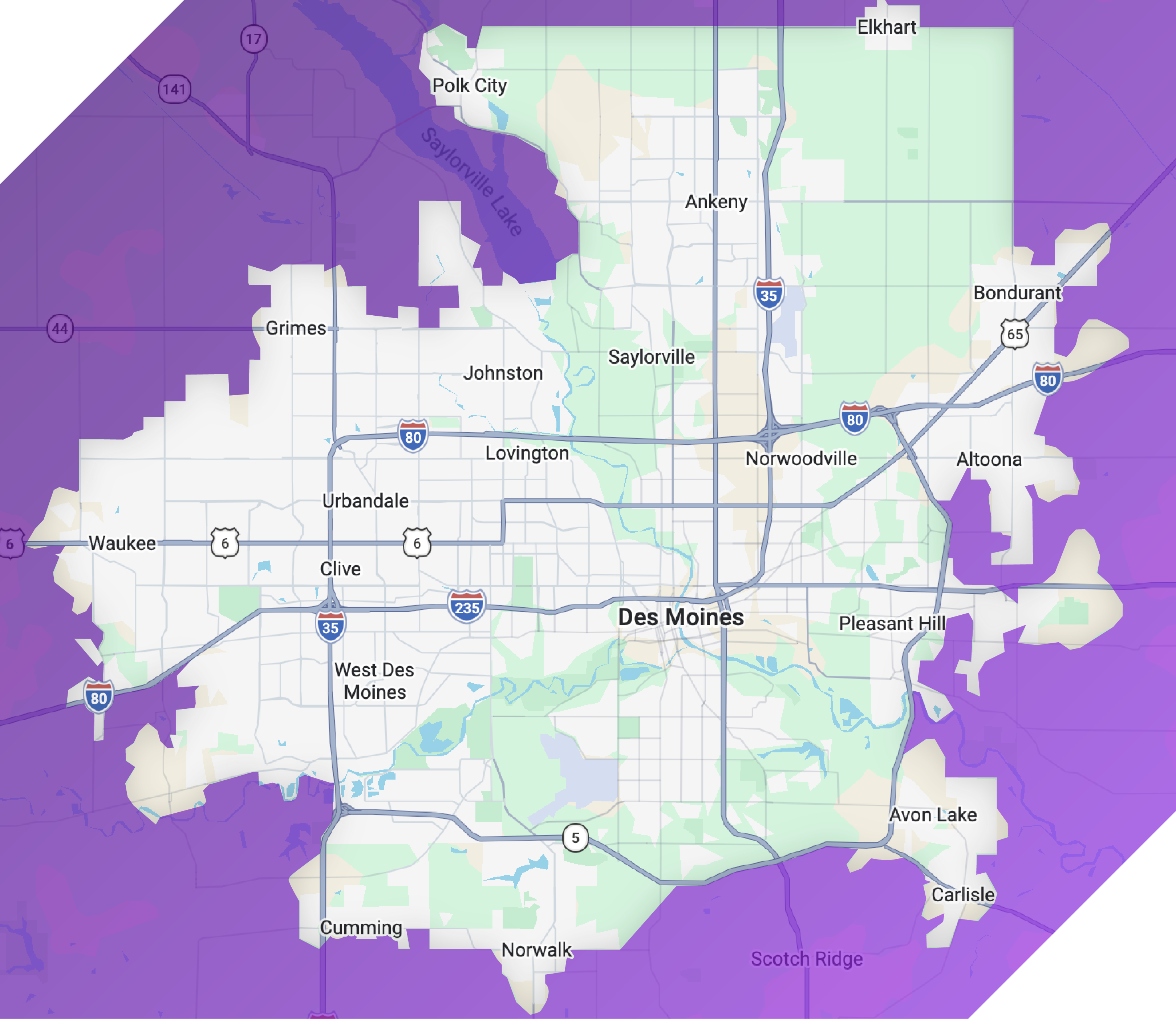 Obsidian Heating and Cooling AC installation service area map covering Greater Des Moines